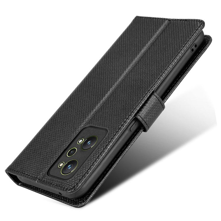 For Realme GT2/GT Neo2 5G/GT Neo 3T 5G Anti-scratch Magnetic Closure Diamond Texture PU Leather Wallet Stand Phone Shell Case with Strap - Black
