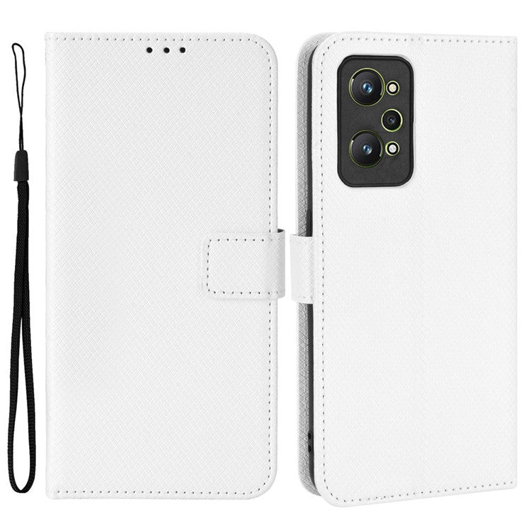 For Realme GT2/GT Neo2 5G/GT Neo 3T 5G Anti-scratch Magnetic Closure Diamond Texture PU Leather Wallet Stand Phone Shell Case with Strap - White