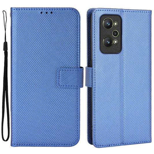 For Realme GT2/GT Neo2 5G/GT Neo 3T 5G Anti-scratch Magnetic Closure Diamond Texture PU Leather Wallet Stand Phone Shell Case with Strap - Blue