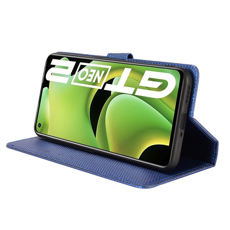 For Realme GT2/GT Neo2 5G/GT Neo 3T 5G Anti-scratch Magnetic Closure Diamond Texture PU Leather Wallet Stand Phone Shell Case with Strap - Blue