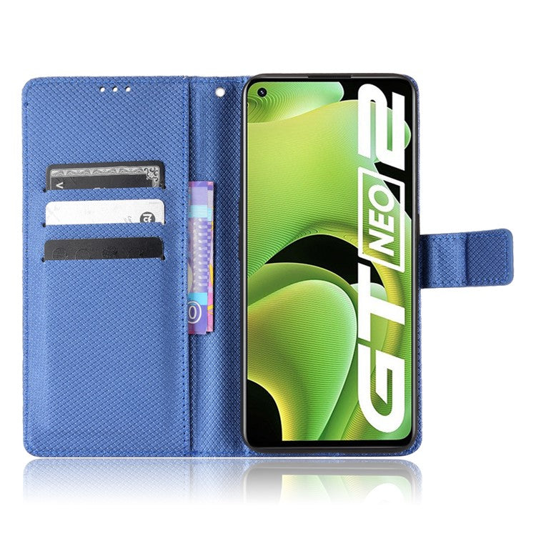For Realme GT2/GT Neo2 5G/GT Neo 3T 5G Anti-scratch Magnetic Closure Diamond Texture PU Leather Wallet Stand Phone Shell Case with Strap - Blue
