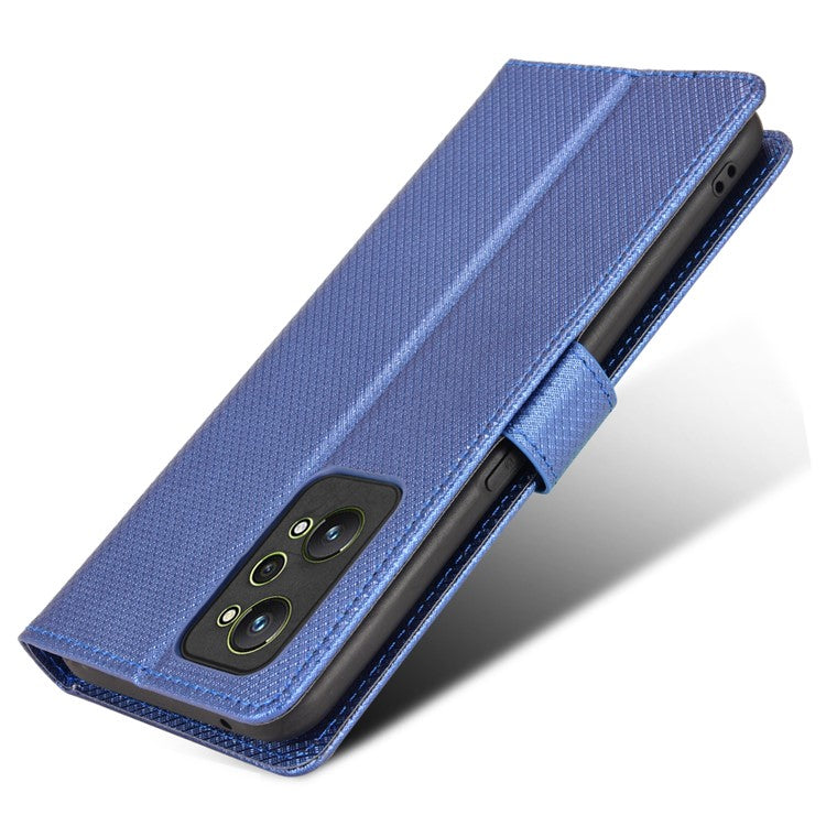 For Realme GT2/GT Neo2 5G/GT Neo 3T 5G Anti-scratch Magnetic Closure Diamond Texture PU Leather Wallet Stand Phone Shell Case with Strap - Blue