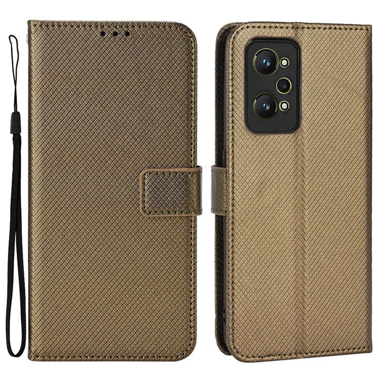 For Realme GT2/GT Neo2 5G/GT Neo 3T 5G Anti-scratch Magnetic Closure Diamond Texture PU Leather Wallet Stand Phone Shell Case with Strap - Brown