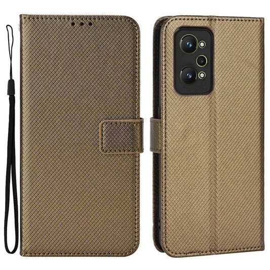 For Realme GT2/GT Neo2 5G/GT Neo 3T 5G Anti-scratch Magnetic Closure Diamond Texture PU Leather Wallet Stand Phone Shell Case with Strap - Brown