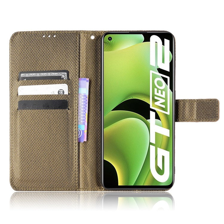 For Realme GT2/GT Neo2 5G/GT Neo 3T 5G Anti-scratch Magnetic Closure Diamond Texture PU Leather Wallet Stand Phone Shell Case with Strap - Brown