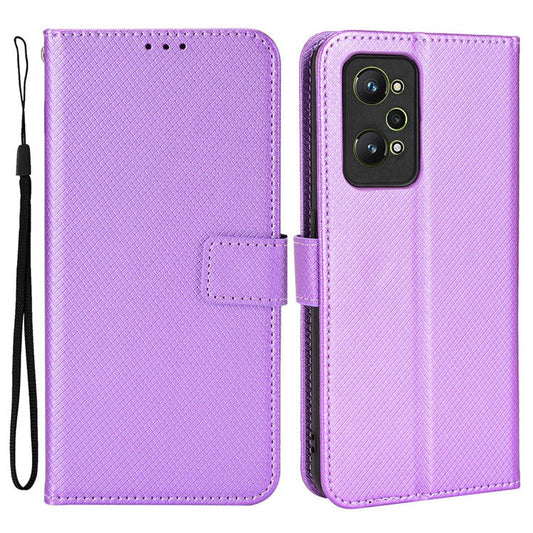 For Realme GT2/GT Neo2 5G/GT Neo 3T 5G Anti-scratch Magnetic Closure Diamond Texture PU Leather Wallet Stand Phone Shell Case with Strap - Purple