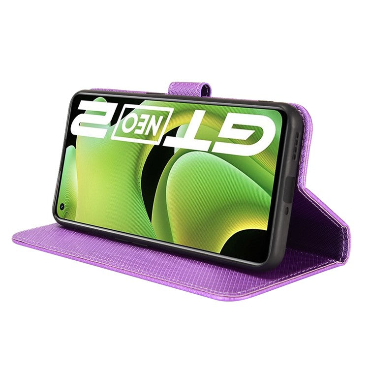 For Realme GT2/GT Neo2 5G/GT Neo 3T 5G Anti-scratch Magnetic Closure Diamond Texture PU Leather Wallet Stand Phone Shell Case with Strap - Purple