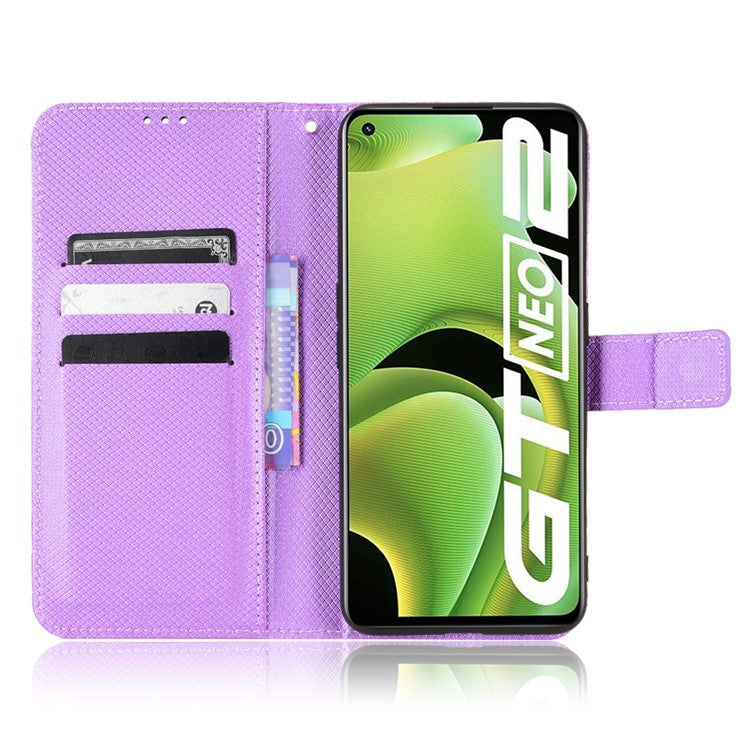 For Realme GT2/GT Neo2 5G/GT Neo 3T 5G Anti-scratch Magnetic Closure Diamond Texture PU Leather Wallet Stand Phone Shell Case with Strap - Purple