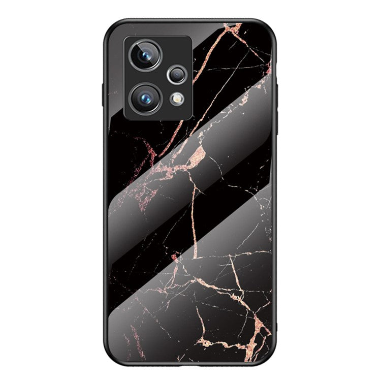 Marble Pattern Phone Case for Realme 9 Pro+, Soft TPU Frame Hard Tempered Glass + PC Back Cellphone Cover - Gold Black Marble