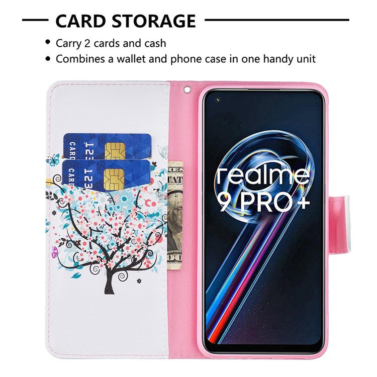 For Realme 9 Pro+ Pattern Printing PU Leather Case Magnetic Closure Stand Wallet Style Flip Cover - Flower Tree