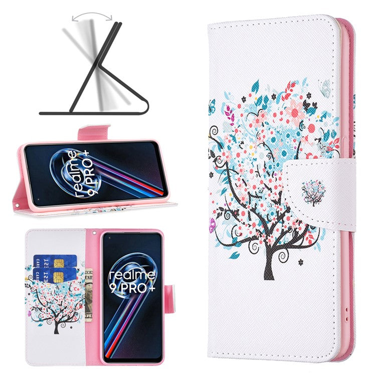For Realme 9 Pro+ Pattern Printing PU Leather Case Magnetic Closure Stand Wallet Style Flip Cover - Flower Tree