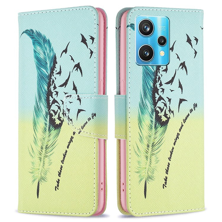 For Realme 9 Pro+ Pattern Printing PU Leather Case Magnetic Closure Stand Wallet Style Flip Cover - Feather and Birds