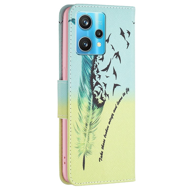 For Realme 9 Pro+ Pattern Printing PU Leather Case Magnetic Closure Stand Wallet Style Flip Cover - Feather and Birds