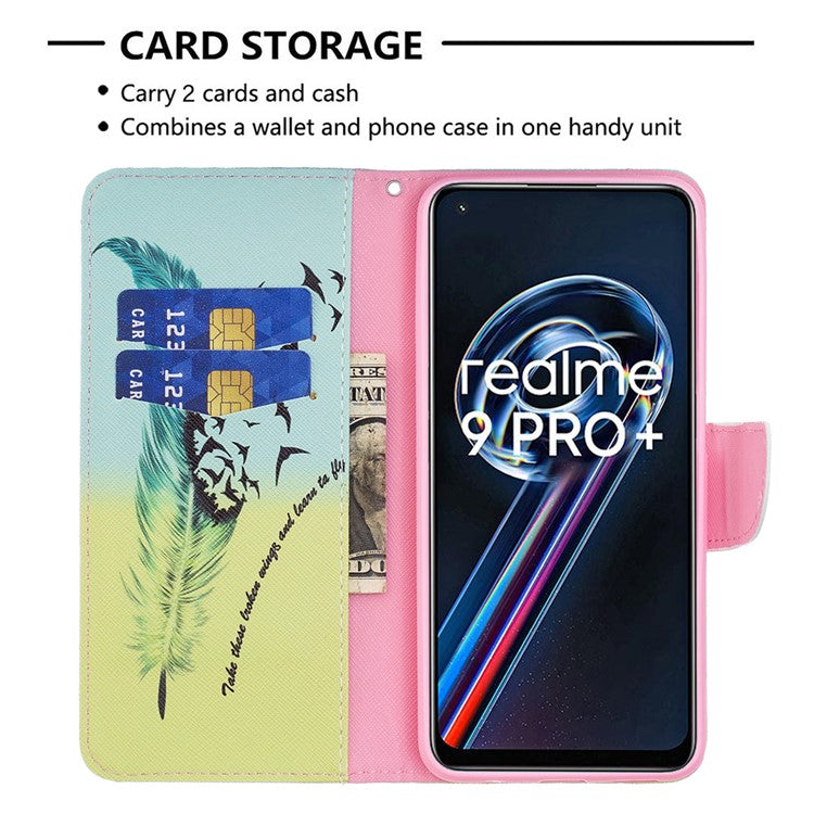 For Realme 9 Pro+ Pattern Printing PU Leather Case Magnetic Closure Stand Wallet Style Flip Cover - Feather and Birds