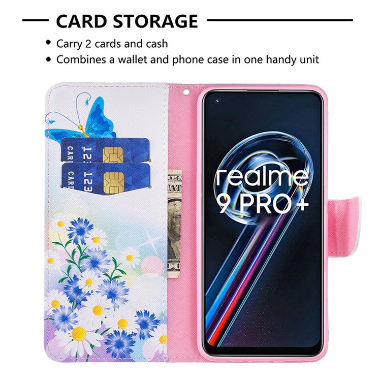 For Realme 9 Pro+ Pattern Printing PU Leather Case Magnetic Closure Stand Wallet Style Flip Cover - Butterfly and Flowers