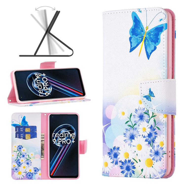 For Realme 9 Pro+ Pattern Printing PU Leather Case Magnetic Closure Stand Wallet Style Flip Cover - Butterfly and Flowers