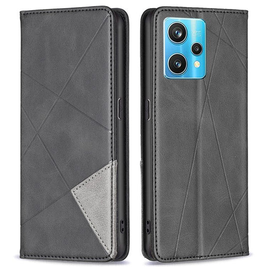 For Realme 9 Pro+ Imprinting Pattern Splicing Design Cover with Card Slots PU Leather + TPU Stand Cell Phone Shell - Black