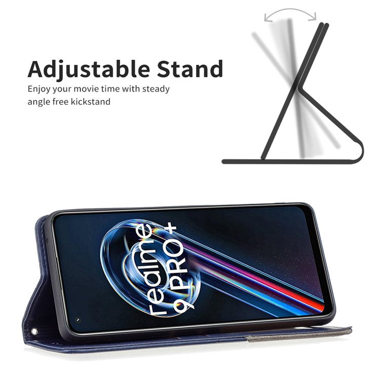 For Realme 9 Pro+ Imprinting Pattern Splicing Design Cover with Card Slots PU Leather + TPU Stand Cell Phone Shell - Blue