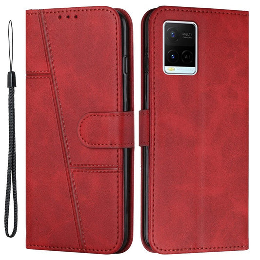 For vivo Y33s / Y21s / Y21 Folding Stand Stitching PU Leather Case Stand Magnetic Closure Shockproof Flip Folio Book Cover with Strap - Red