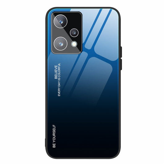 For Realme 9 Pro 5G / 9 5G / V25 Hard Tempered Glass Back + Soft TPU Edge Hybrid Phone Case Gradient Color Cellphone Protective Cover - Blue / Black