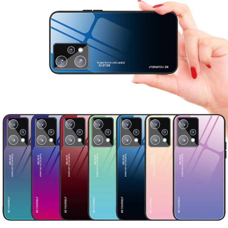 For Realme 9 Pro 5G / 9 5G / V25 Hard Tempered Glass Back + Soft TPU Edge Hybrid Phone Case Gradient Color Cellphone Protective Cover - Blue / Black