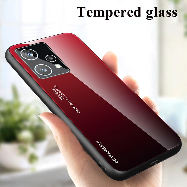 For Realme 9 Pro 5G / 9 5G / V25 Hard Tempered Glass Back + Soft TPU Edge Hybrid Phone Case Gradient Color Cellphone Protective Cover - Red / Black