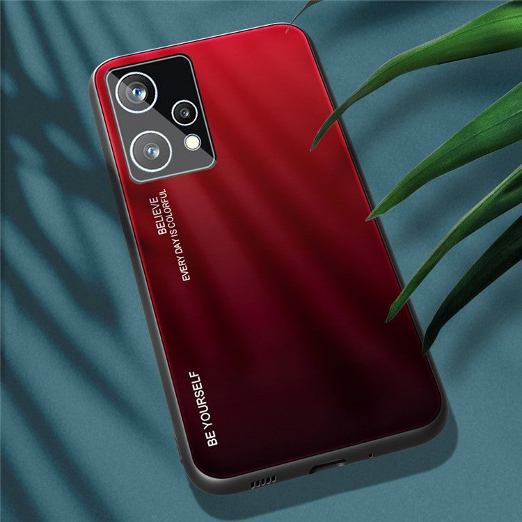 For Realme 9 Pro 5G / 9 5G / V25 Hard Tempered Glass Back + Soft TPU Edge Hybrid Phone Case Gradient Color Cellphone Protective Cover - Red / Black