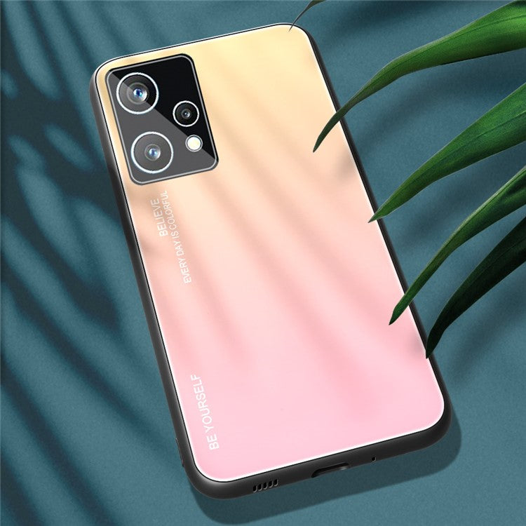 For Realme 9 Pro 5G / 9 5G / V25 Hard Tempered Glass Back + Soft TPU Edge Hybrid Phone Case Gradient Color Cellphone Protective Cover - Gold / Pink