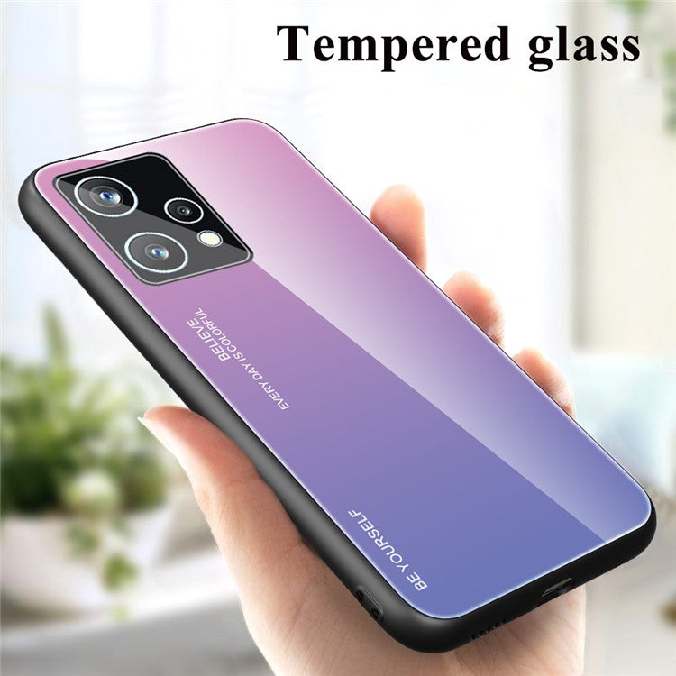 For Realme 9 Pro 5G / 9 5G / V25 Hard Tempered Glass Back + Soft TPU Edge Hybrid Phone Case Gradient Color Cellphone Protective Cover - Pink / Purple