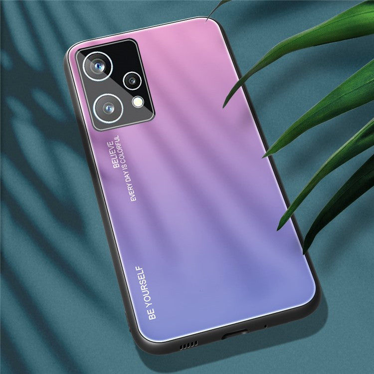 For Realme 9 Pro 5G / 9 5G / V25 Hard Tempered Glass Back + Soft TPU Edge Hybrid Phone Case Gradient Color Cellphone Protective Cover - Pink / Purple
