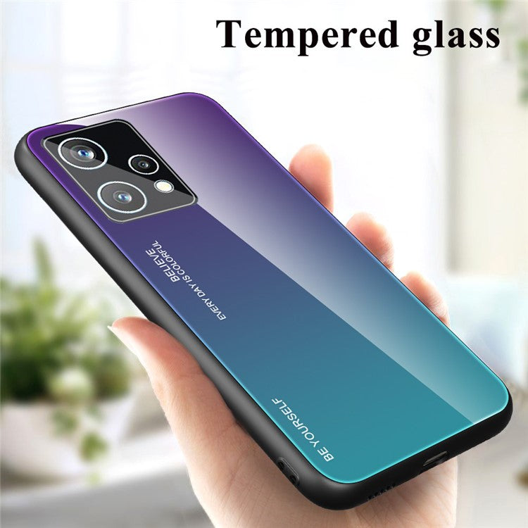 For Realme 9 Pro 5G / 9 5G / V25 Hard Tempered Glass Back + Soft TPU Edge Hybrid Phone Case Gradient Color Cellphone Protective Cover - Purple / Blue