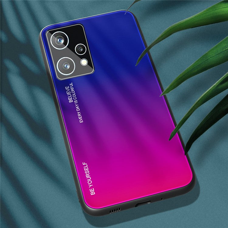For Realme 9 Pro 5G / 9 5G / V25 Hard Tempered Glass Back + Soft TPU Edge Hybrid Phone Case Gradient Color Cellphone Protective Cover - Blue / Rose