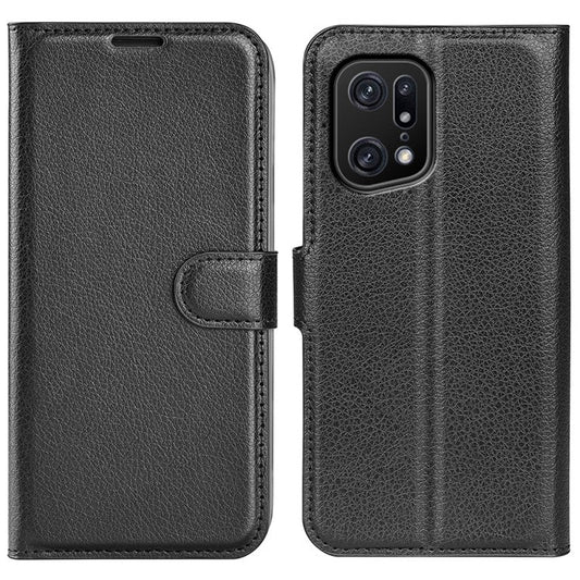 Litchi Texture Leather Cover for Oppo Find X5 Pro, Magnetic Clasp Wallet Stand Protective Phone Case - Black