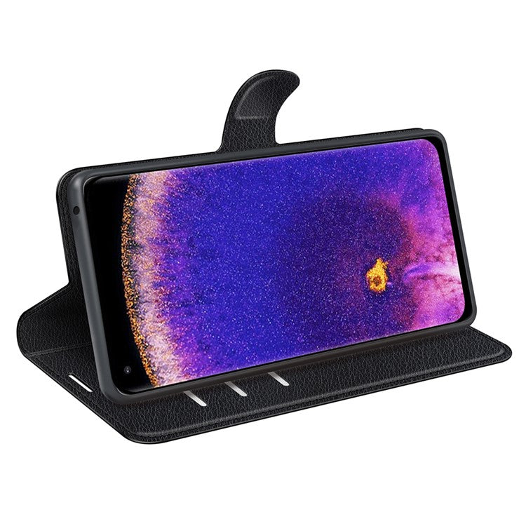 Litchi Texture Leather Cover for Oppo Find X5 Pro, Magnetic Clasp Wallet Stand Protective Phone Case - Black