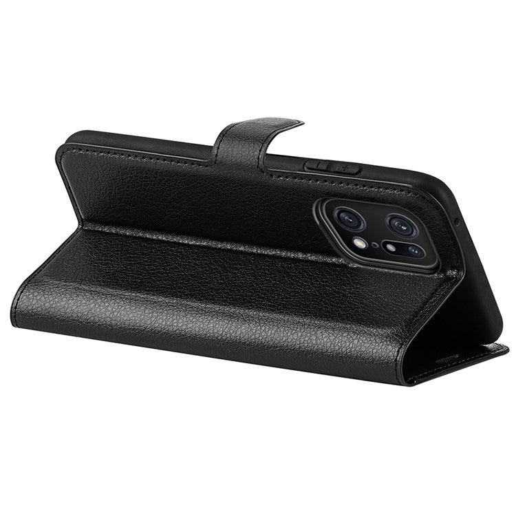 Litchi Texture Leather Cover for Oppo Find X5 Pro, Magnetic Clasp Wallet Stand Protective Phone Case - Black