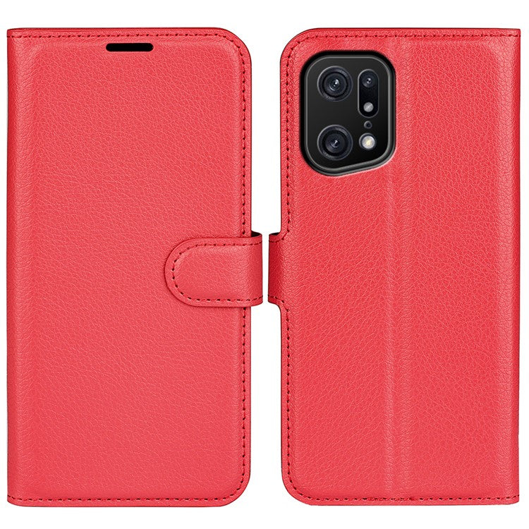 Litchi Texture Leather Cover for Oppo Find X5 Pro, Magnetic Clasp Wallet Stand Protective Phone Case - Red