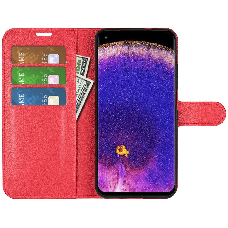 Litchi Texture Leather Cover for Oppo Find X5 Pro, Magnetic Clasp Wallet Stand Protective Phone Case - Red