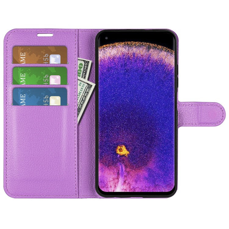 Litchi Texture Leather Cover for Oppo Find X5 Pro, Magnetic Clasp Wallet Stand Protective Phone Case - Purple