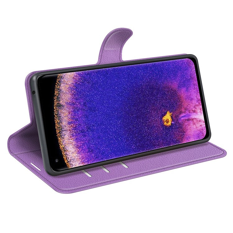Litchi Texture Leather Cover for Oppo Find X5 Pro, Magnetic Clasp Wallet Stand Protective Phone Case - Purple