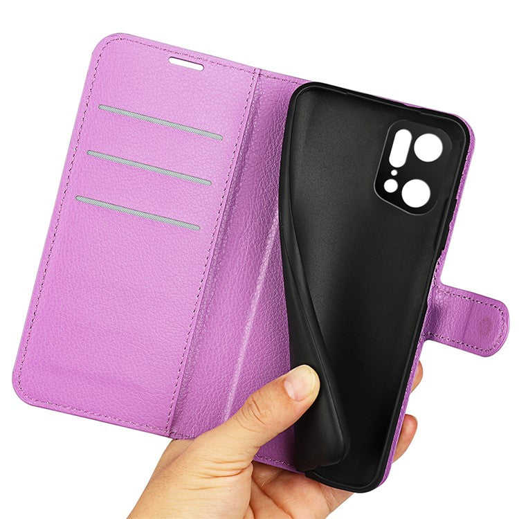 Litchi Texture Leather Cover for Oppo Find X5 Pro, Magnetic Clasp Wallet Stand Protective Phone Case - Purple