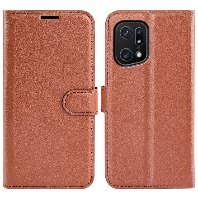Litchi Texture Leather Cover for Oppo Find X5 Pro, Magnetic Clasp Wallet Stand Protective Phone Case - Brown