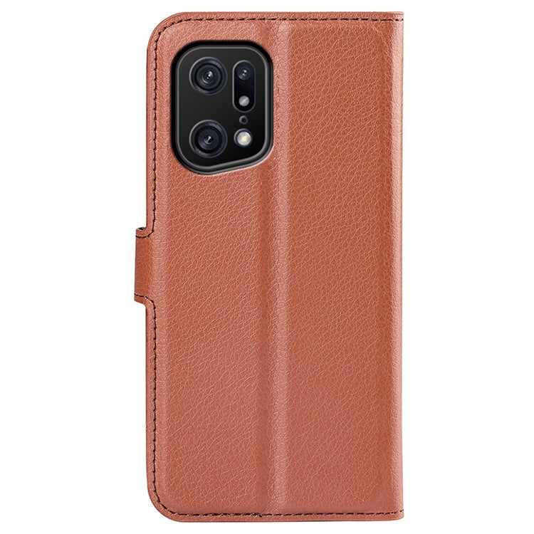 Litchi Texture Leather Cover for Oppo Find X5 Pro, Magnetic Clasp Wallet Stand Protective Phone Case - Brown