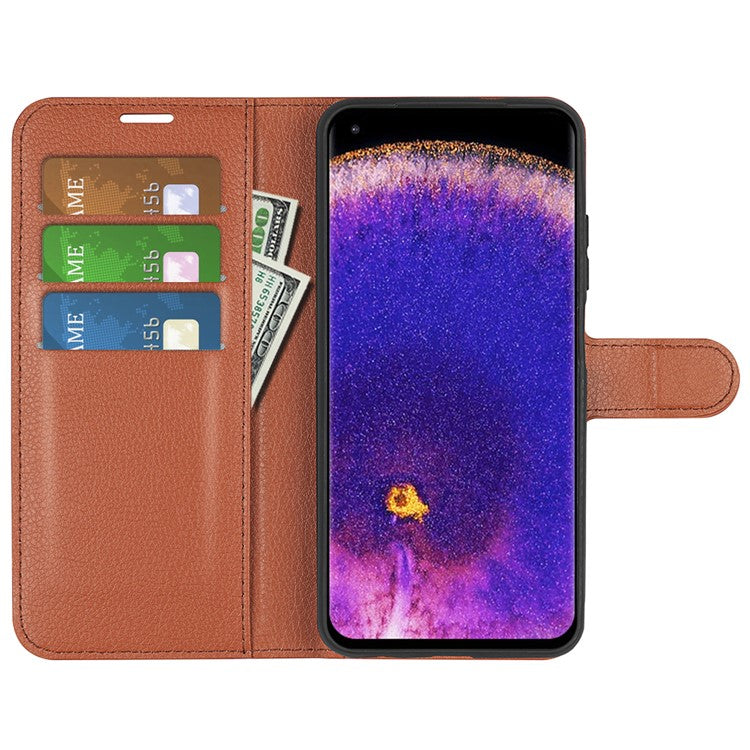 Litchi Texture Leather Cover for Oppo Find X5 Pro, Magnetic Clasp Wallet Stand Protective Phone Case - Brown