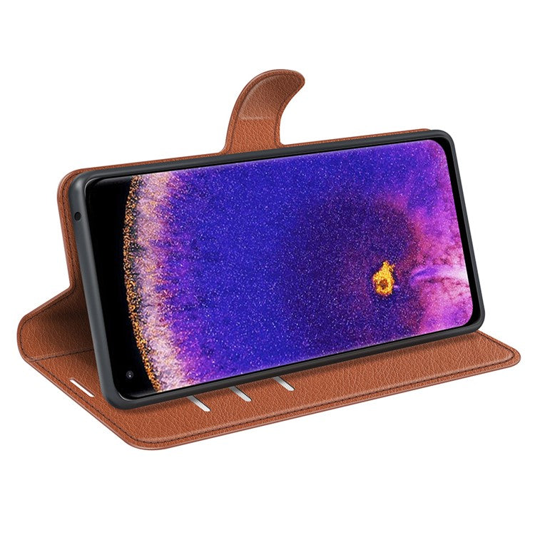 Litchi Texture Leather Cover for Oppo Find X5 Pro, Magnetic Clasp Wallet Stand Protective Phone Case - Brown