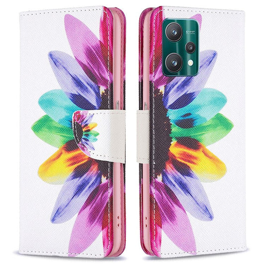 BF Pattern Printed Leather Case Series-1 for Realme 9 Pro 5G / 9 5G / V25 Anti-scratch Pattern Printed Wallet Stand Phone Case Shell - Sunflower