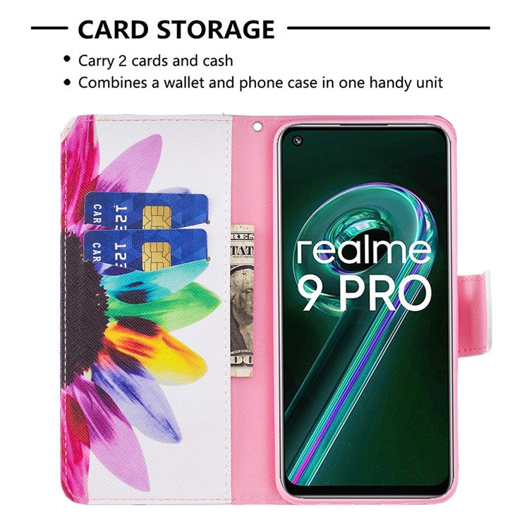 BF Pattern Printed Leather Case Series-1 for Realme 9 Pro 5G / 9 5G / V25 Anti-scratch Pattern Printed Wallet Stand Phone Case Shell - Sunflower