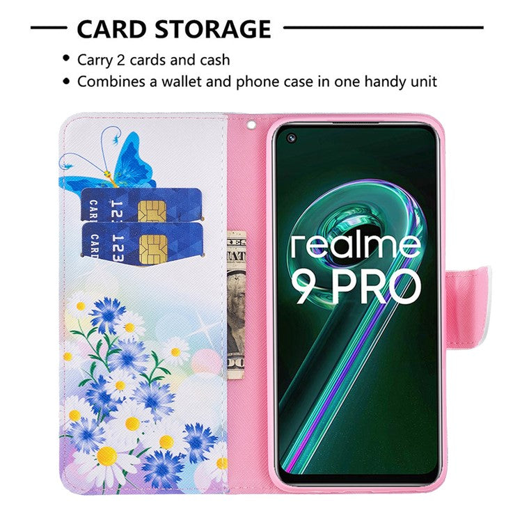 BF Pattern Printed Leather Case Series-1 for Realme 9 Pro 5G / 9 5G / V25 Anti-scratch Pattern Printed Wallet Stand Phone Case Shell - Butterfly and Flowers