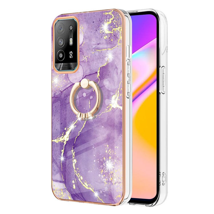 YB IMD Series-10 for Oppo A94 5G/A95 5G Light Slim IMD Rotating Ring Kickstand Design Marble Pattern Electroplating Frame TPU Soft Phone Case Shell - Purple 002