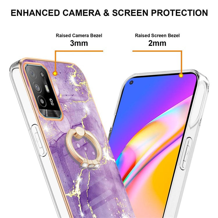 YB IMD Series-10 for Oppo A94 5G/A95 5G Light Slim IMD Rotating Ring Kickstand Design Marble Pattern Electroplating Frame TPU Soft Phone Case Shell - Purple 002