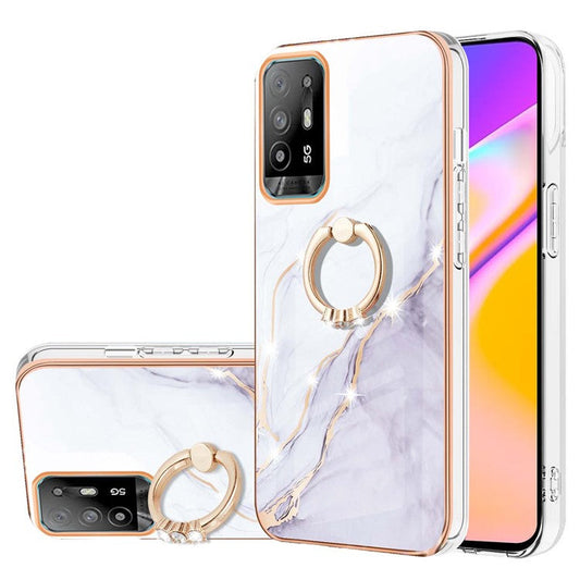 YB IMD Series-10 for Oppo A94 5G/A95 5G Light Slim IMD Rotating Ring Kickstand Design Marble Pattern Electroplating Frame TPU Soft Phone Case Shell - White 006